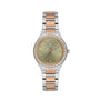 Daniel Klein Premium DK113765-5 ladies quartz watch with green sunray dial, crystal-set bezel, and two-tone rose gold stainless steel bracelet