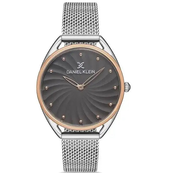 Daniel Klein Premium DK.1.12937-4 ladies watch with grey spiral guilloche dial, rose gold bezel and stainless steel mesh bracelet
