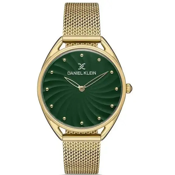 Daniel Klein Premium Ladies Watch with green guilloché dial and gold IP mesh bracelet