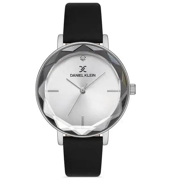 Daniel Klein Premium Ladies Watch with silver dial, faceted crystal glass, and black leather strap - DK113187-1