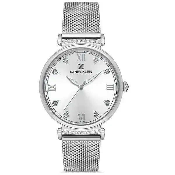 Daniel Klein Premium ladies quartz watch with silver sunray dial, crystal-set lugs, Roman numeral markers, and stainless steel mesh bracelet