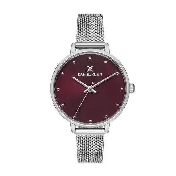 Daniel Klein Premium ladies watch with burgundy dial and silver stainless steel mesh bracelet