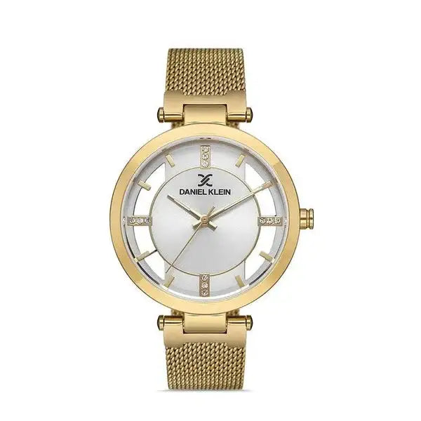 Daniel Klein Premium Ladies Gold-Tone Quartz Watch with Floating Dial Design, Crystal Accents, and Mesh Bracelet