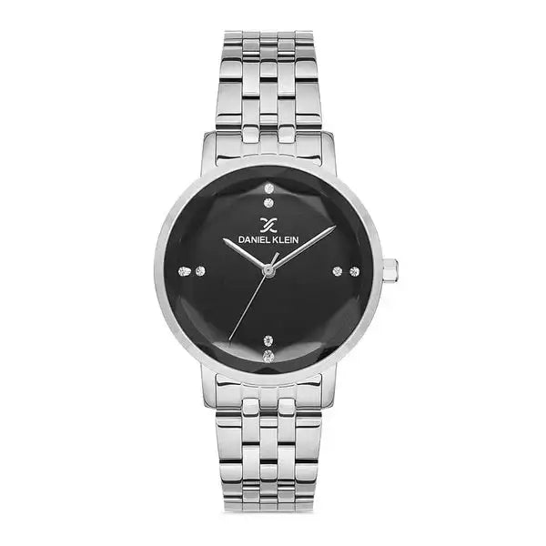 Daniel Klein Premium DK113034-2 ladies watch with black faceted dial, crystal hour markers, and polished stainless steel bracelet