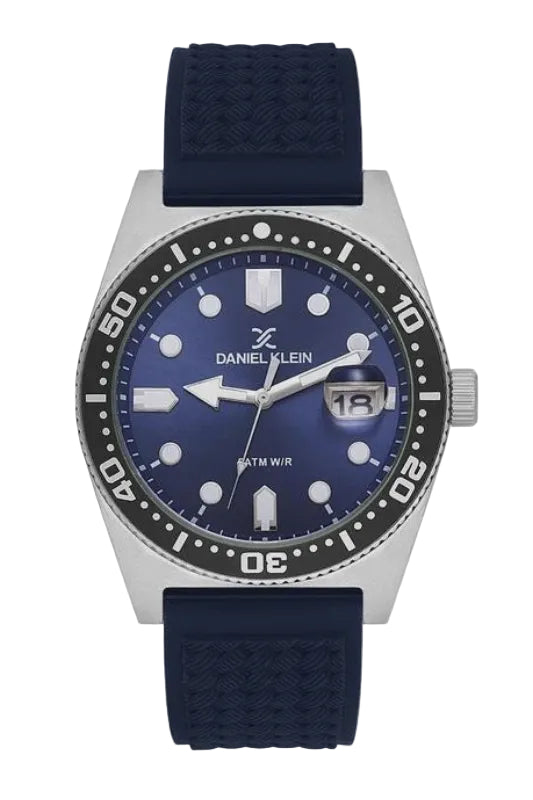 Daniel Klein DK.1.14058-3 mens diver inspired quartz watch with 36mm cushion stainless steel case, blue sunburst dial, rotating black bezel, and navy blue textured rubber strap