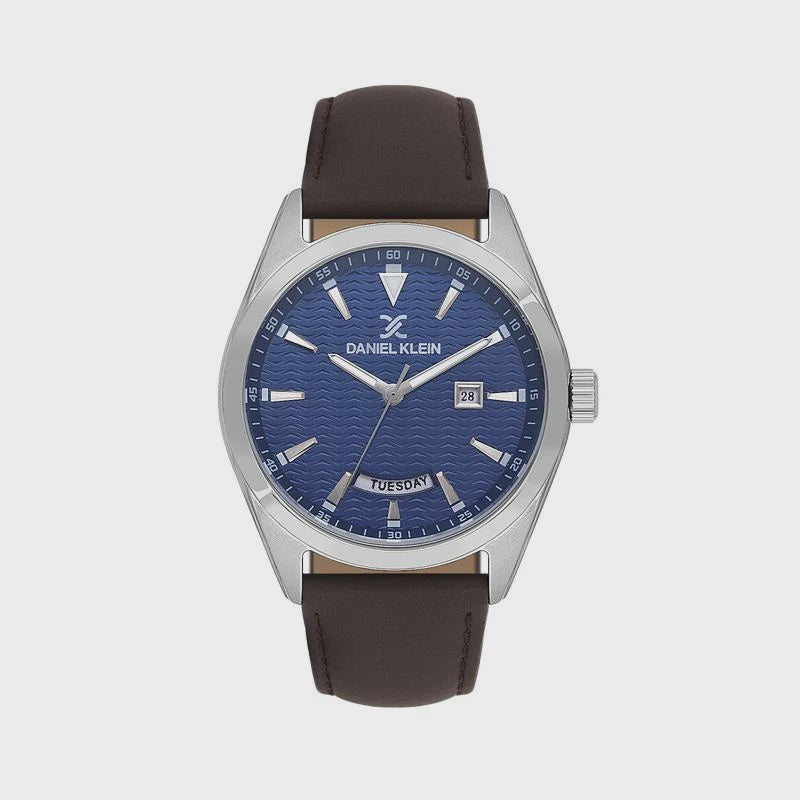 Daniel Klein DK.1.14088-3 men's quartz watch with 42mm stainless steel case, blue wave-textured dial, day-date display, and brown leather strap
