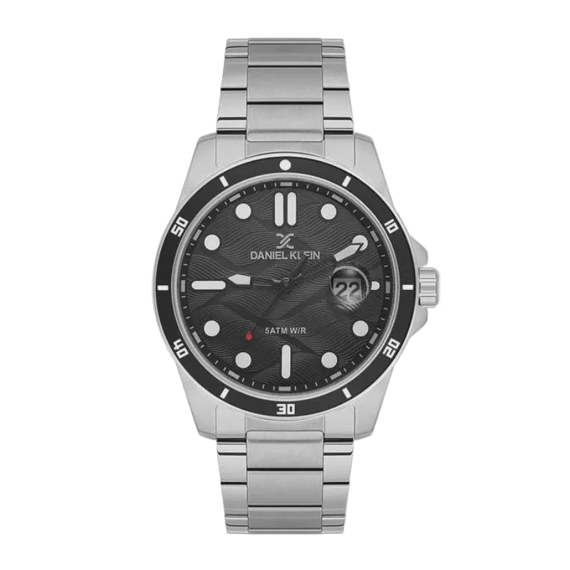 Daniel Klein DK1.14066-1 mens diver style watch with black textured dial, stainless steel case, rotating bezel, and steel bracelet