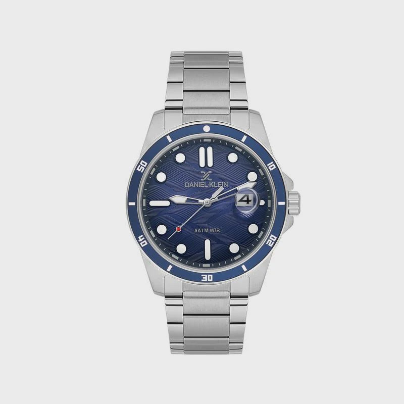 Daniel Klein DK114066-2 men's stainless steel sports watch with blue textured dial, rotating bezel, and date window