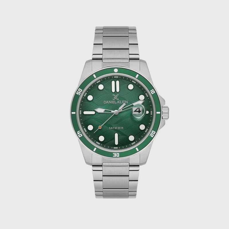 Daniel Klein DK114066-3 men's stainless steel diver watch with green sunburst dial, date window, and rotating bezel