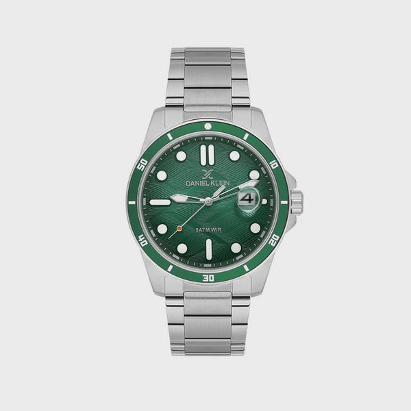 Daniel Klein DK114066-3 men's stainless steel diver watch with green sunburst dial, date window, and rotating bezel