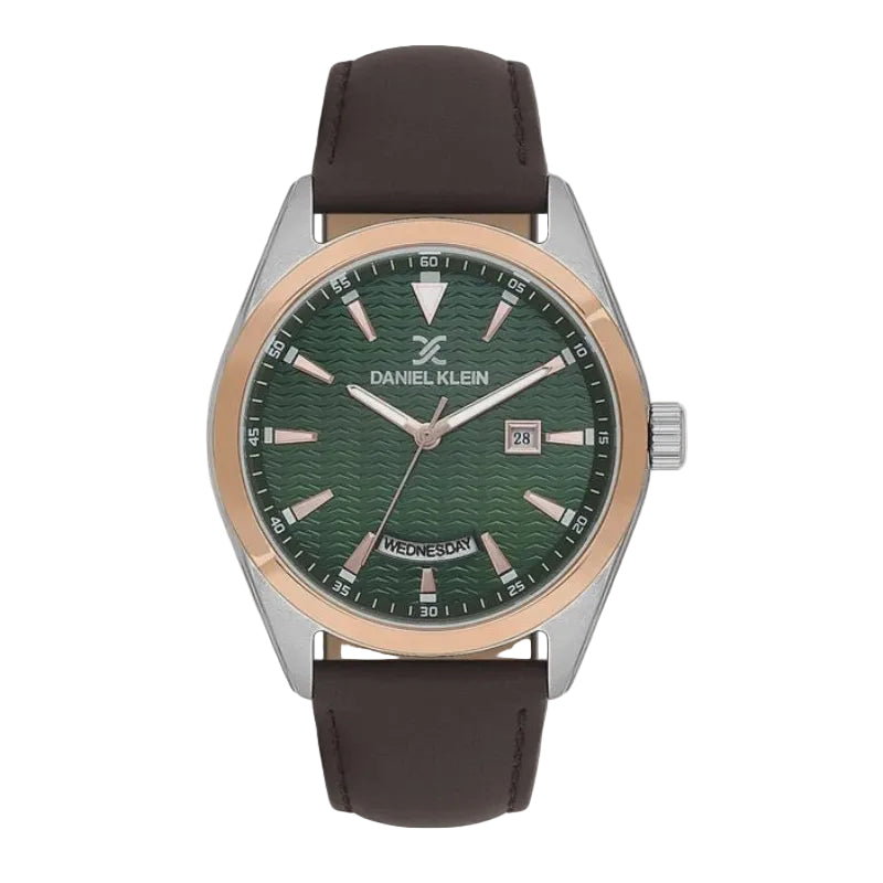 Daniel Klein DK.1.14088-5 men's quartz watch with green textured dial, two-tone stainless steel case with rose gold bezel, and brown leather strap