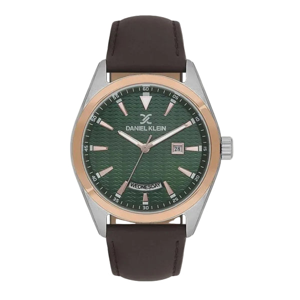 Daniel Klein DK.1.14088-5 men's quartz watch with green textured dial, two-tone stainless steel case with rose gold bezel, and brown leather strap