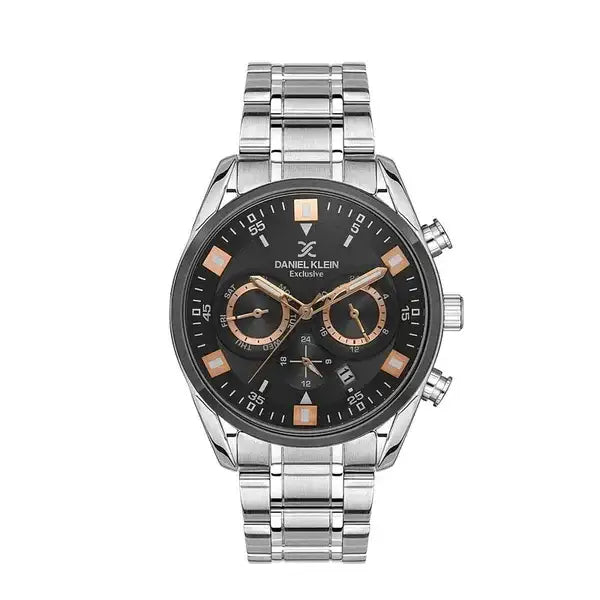 Daniel Klein DK113548-4 multifunction quartz watch with black dial, rose gold accents, and stainless steel bracelet on white background