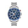 Daniel Klein Exclusive DK113642-2 multifunction quartz watch with blue sunray dial, rotating blue bezel, and stainless steel bracelet for men