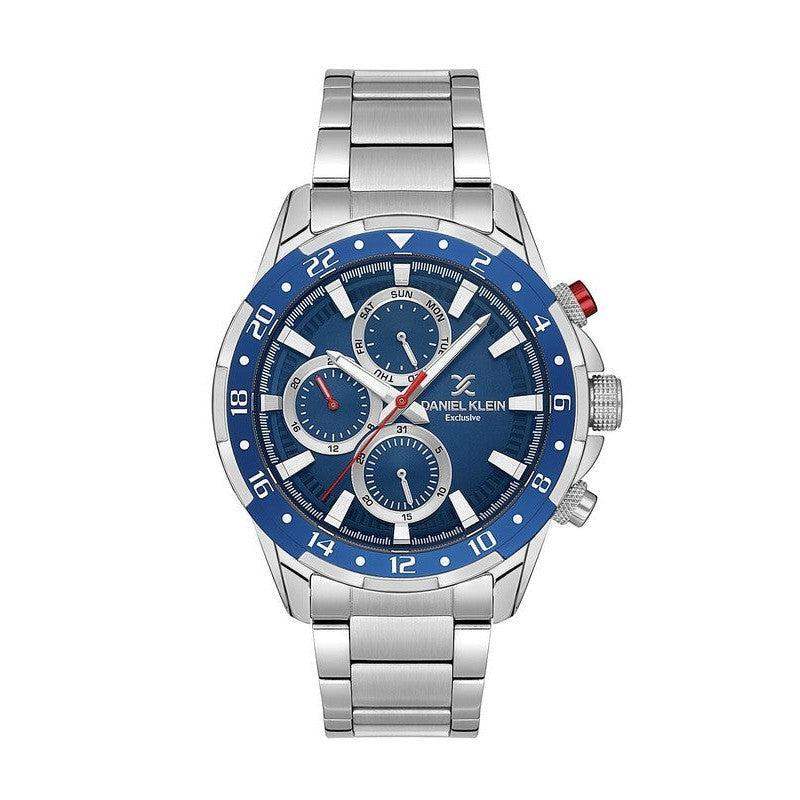 Daniel Klein Exclusive DK113642-2 multifunction quartz watch with blue sunray dial, rotating blue bezel, and stainless steel bracelet for men