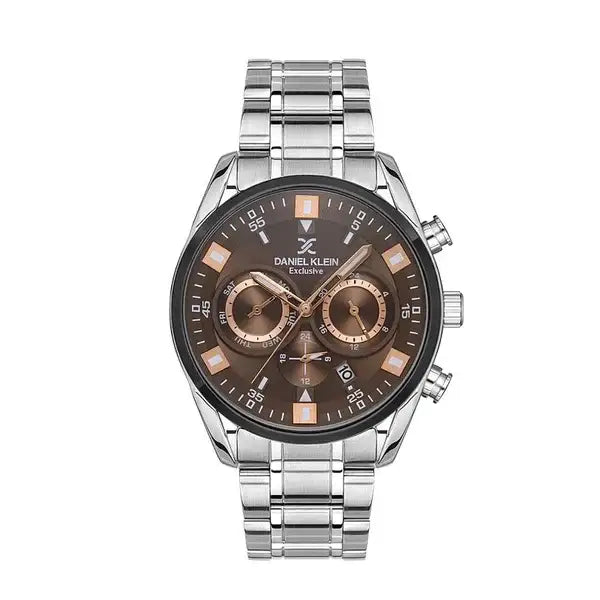 Daniel Klein Exclusive DK.1.13548-3 multifunction chronograph watch with brown sunburst dial, rose gold indices, 45mm stainless steel case, and three-link bracelet