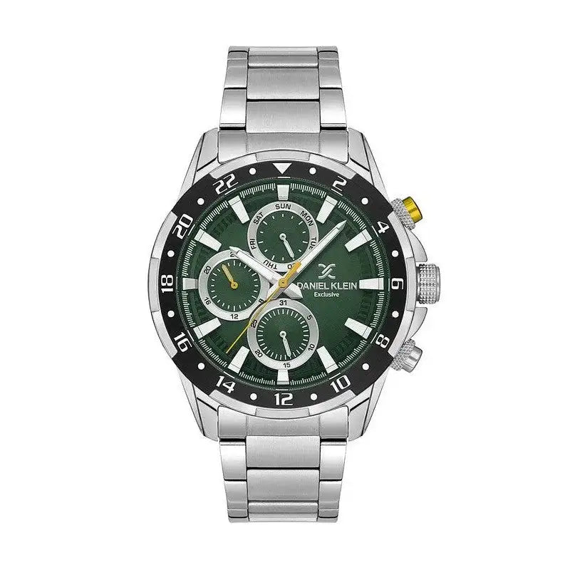 Daniel Klein Exclusive DK113642-3 men's multifunction quartz watch with green sunray dial, stainless steel case and bracelet, black rotating bezel
