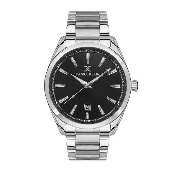 Daniel Klein Premium DK113520-2 quartz watch with black sunray dial, date window, luminous indices, and stainless steel bracelet, front view