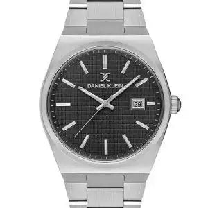 Daniel Klein DK.1.13649-2 men's quartz watch with black textured dial, date window, and stainless steel integrated bracelet
