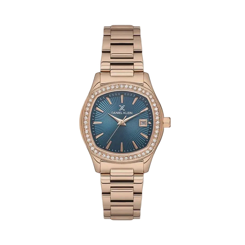 Daniel Klein DK.1.13866-5 rose gold stainless steel ladies watch with blue sunray dial and crystal-set bezel on white background