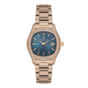 Daniel Klein DK.1.13866-5 rose gold stainless steel ladies watch with blue sunray dial and crystal-set bezel on white background