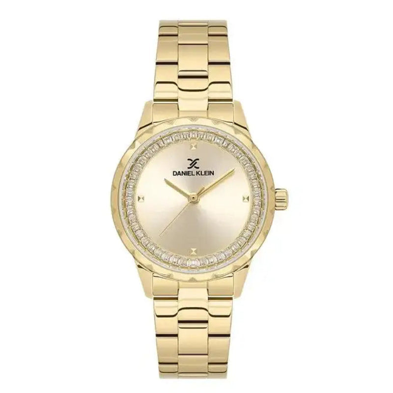 Daniel Klein Premium ladies quartz watch with champagne sunray dial, crystal-set bezel, and gold-plated stainless steel bracelet