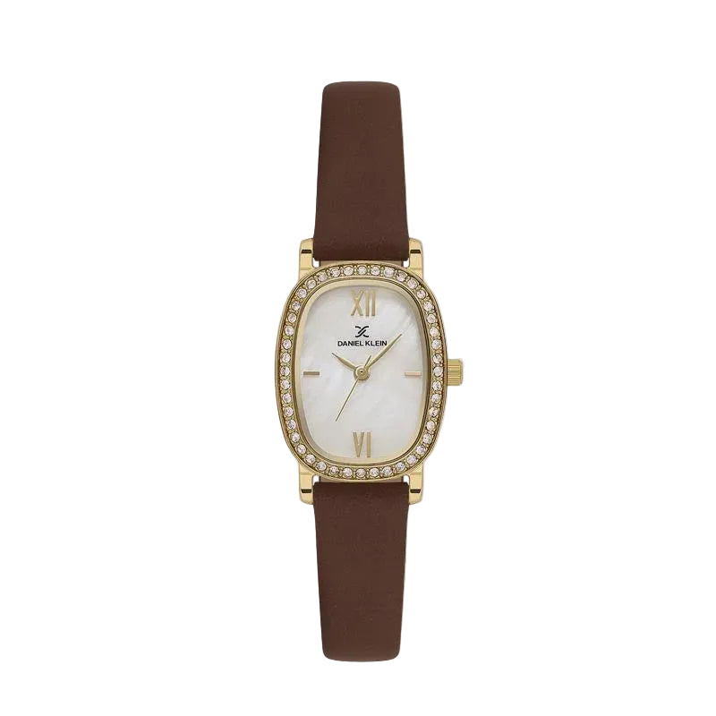 Daniel Klein Premium DK.1.13943-3 ladies watch with oval gold-tone case, crystal-set bezel, white mother-of-pearl dial, and brown leather strap