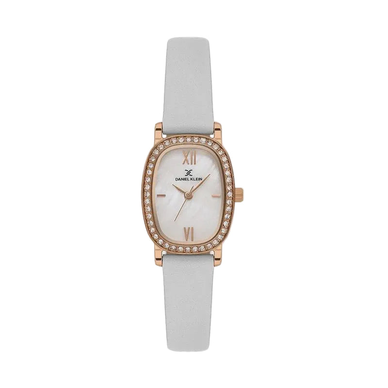 Daniel Klein Premium DK113943-5 women's watch with rose gold-tone cushion case, white mother-of-pearl dial, crystal-set bezel, and grey leather strap