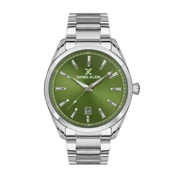 Daniel Klein Premium DK113520-4 quartz watch with green gradient sunburst dial, silver-tone indices, date display, and polished stainless steel three-link bracelet