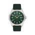 Daniel Klein DK113653-2 quartz watch with green dial, stainless steel case, and green leather strap on white background