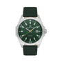 Daniel Klein DK113653-2 quartz watch with green dial, stainless steel case, and green leather strap on white background
