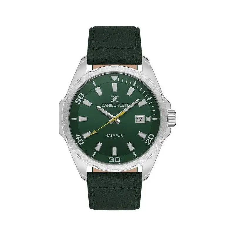 Daniel Klein DK113653-2 quartz watch with green dial, stainless steel case, and green leather strap on white background