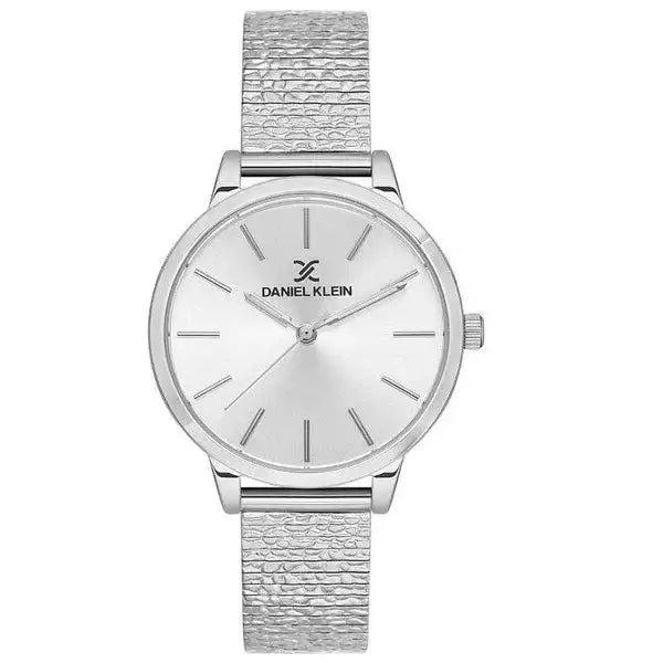 Daniel Klein Premium DK113460-1 ladies watch with silver sunray dial and textured stainless steel mesh bracelet