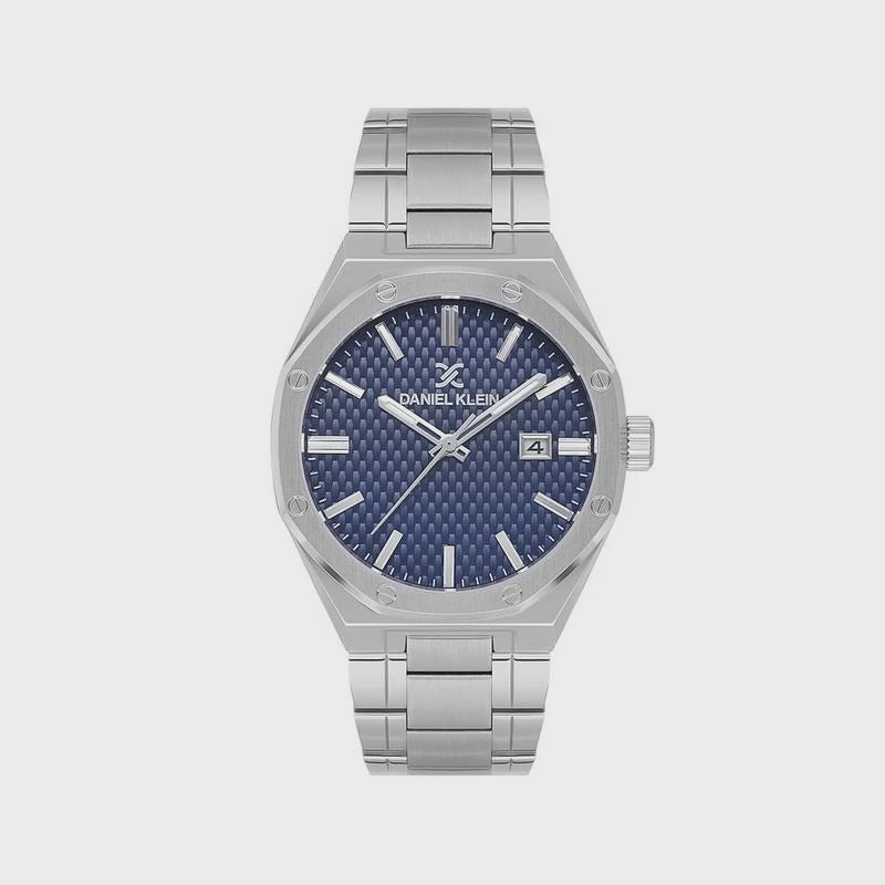 Daniel Klein Premium octagonal quartz watch with blue carbon-fibre dial and stainless steel bracelet, model DK1.14081-3