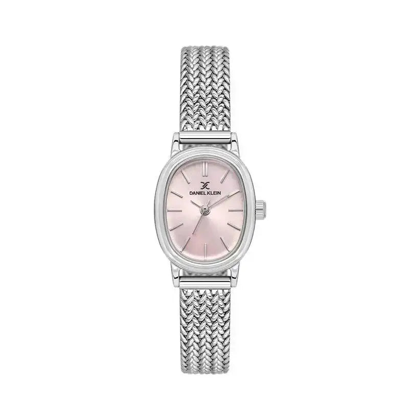 Daniel Klein DK113868-2 ladies quartz watch with pink sunray dial, oval stainless steel case, and mesh bracelet
