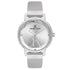Daniel Klein DK113458-2 women's quartz watch with silver sunburst dial, crystal hour markers, IP silver case, and genuine silver leather strap on white background