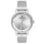 Daniel Klein DK113458-2 women's quartz watch with silver sunburst dial, crystal hour markers, IP silver case, and genuine silver leather strap on white background