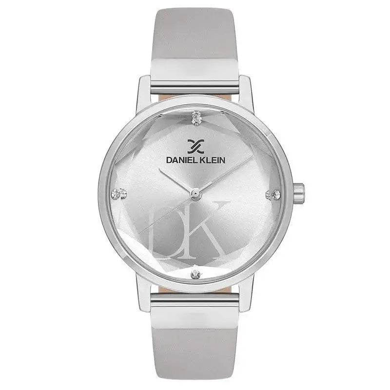 Daniel Klein DK113458-2 women's quartz watch with silver sunburst dial, crystal hour markers, IP silver case, and genuine silver leather strap on white background