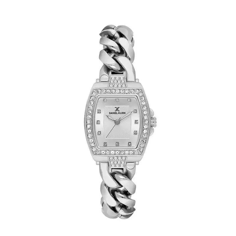 Daniel Klein ladies tonneau watch with silver sunray dial and steel bracelet