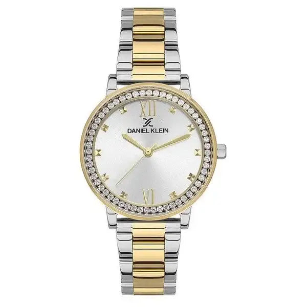 Daniel Klein Premium DK113510-2 ladies watch with silver sunray dial, crystal-set bezel, and two-tone stainless steel IP gold bracelet