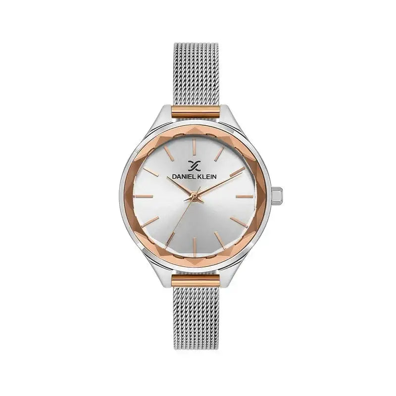 Daniel Klein DK113508-4 women's quartz watch with 35mm two-tone stainless steel case, silver sunburst dial, rose gold-tone bezel and stainless steel mesh bracelet