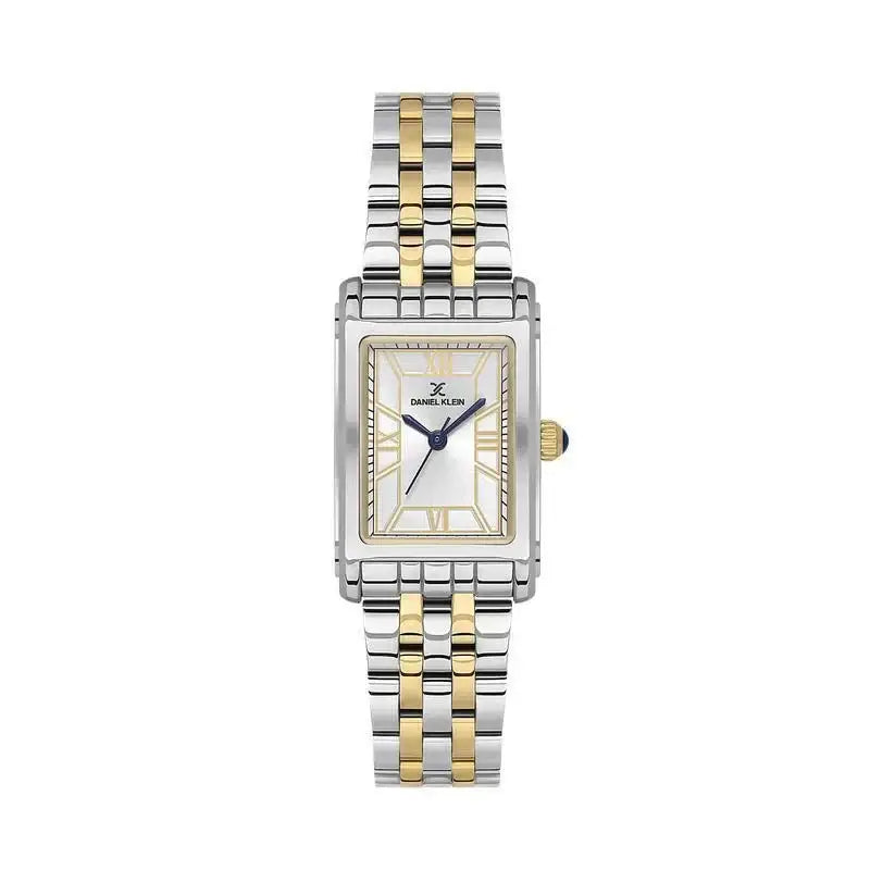 Daniel Klein DK.1.13936-4 ladies rectangular two-tone stainless steel watch with silver sunray dial and Roman numeral hour markers