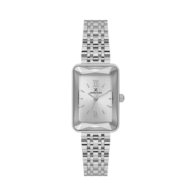 Daniel Klein Premium DK113875-1 women's rectangular quartz watch with silver dial, Roman numerals, and stainless steel multi-link bracelet