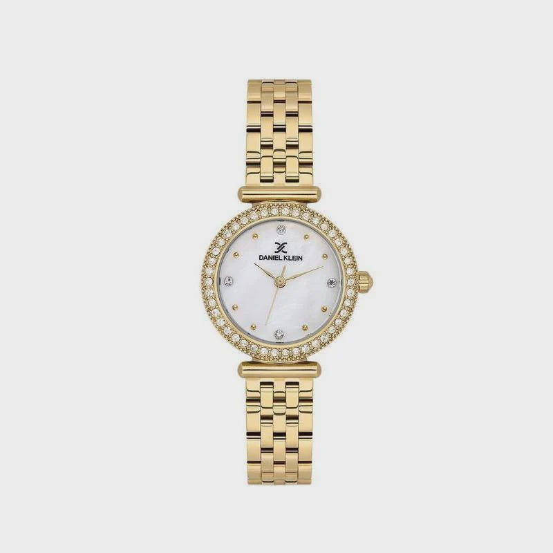 Daniel Klein DK113948-2 ladies quartz watch with mother-of-pearl dial, crystal-set bezel, and gold-tone stainless steel bracelet