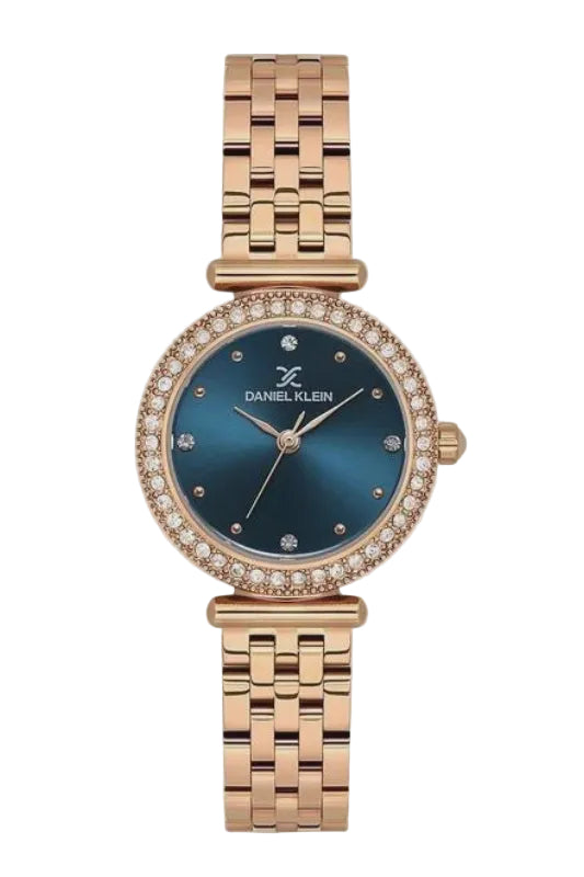 Daniel Klein ladies quartz watch with blue sunray dial, crystal-set rose gold bezel, and five-link stainless steel bracelet
