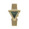 Daniel Klein DK113963-4 women's watch with inverted triangular gold-tone case, sunray green dial, crystal hour markers, and fine mesh Milanese bracelet