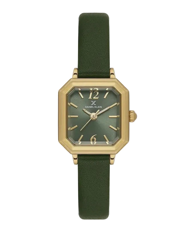 Daniel Klein DK.1.13946-4 ladies quartz watch with octagonal gold-tone case, green sunray dial, and green leather strap
