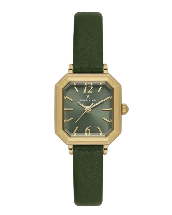 Daniel Klein DK.1.13946-4 ladies quartz watch with octagonal gold-tone case, green sunray dial, and green leather strap