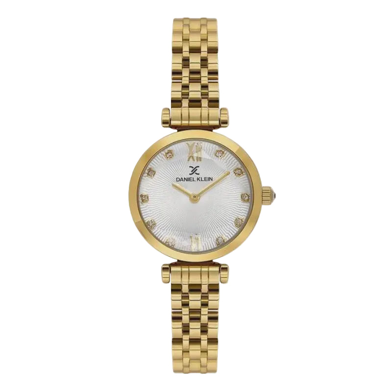Daniel Klein DK1.114094-2 ladies gold-tone quartz watch with silver sunray dial and crystal hour markers on stainless steel bracelet