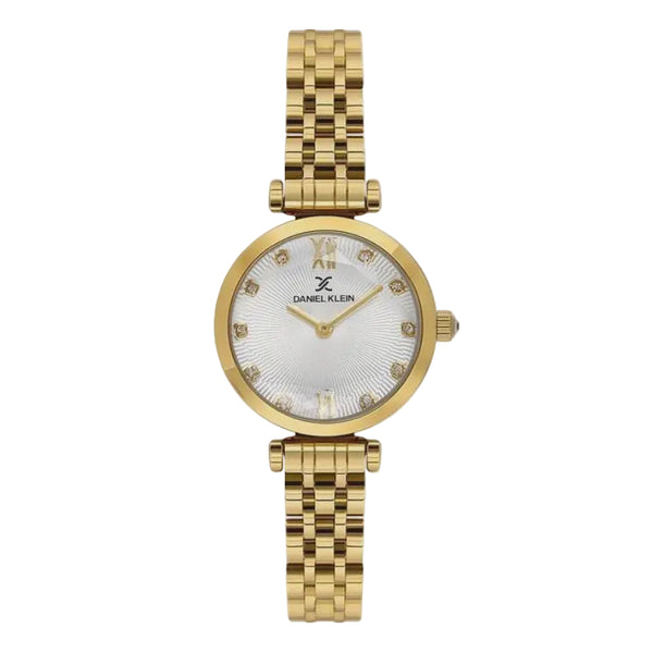 Daniel Klein DK1.114094-2 ladies gold-tone quartz watch with silver sunray dial and crystal hour markers on stainless steel bracelet